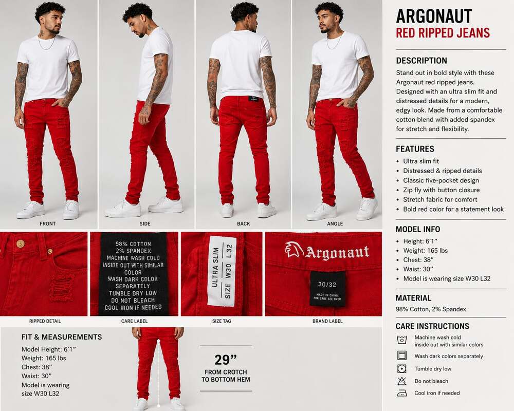 Argonaut Men's Red Ripped Ultra Slim Fit Jeans Size 30x32
